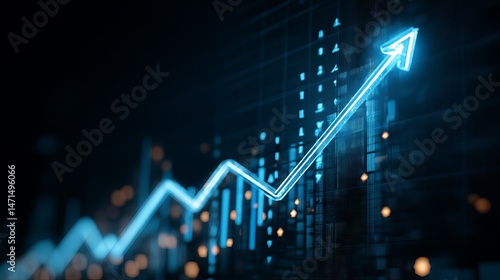 Blue business arrow and stock market graph trending upward on economic chart showing financial growth and rising market trends