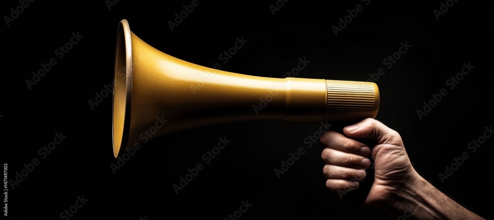 Naklejka premium Powerful Golden Megaphone Held Firmly Against Black Background, Symbolizing Authority and Strength in Vibrant Image