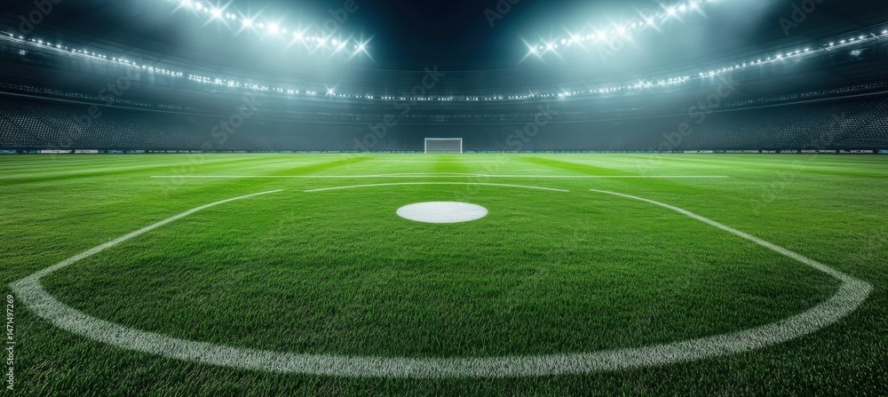 Obraz premium Night view of an empty soccer stadium, illuminated by bright spotlights, showcasing a perfectly manicured green field with white markings. : Generative AI