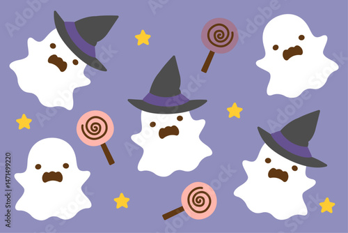 帽子をかぶったハロウィンのかわいいオバケとキャンディー