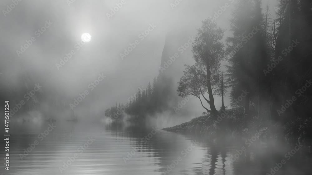 Misty grayscale landscape with trees and still lake reflecting tranquil atmosphere. Misty grayscale landscape with trees and still lake reflecting tranquil atmosphere.