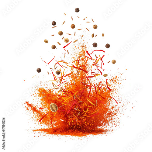 Vibrant explosion of spicy red and orange chili powder and mixed spices on black background photo on transparent background