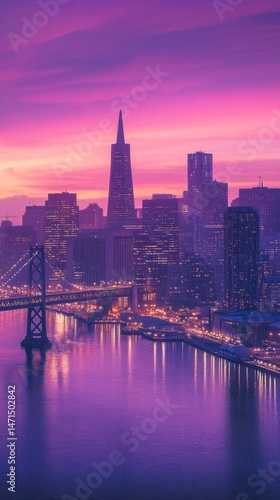 Vibrant Sunset Over San Francisco Bay with Stunning City Skyline
