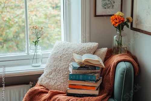 Cozy reading nook with leaning book stack flower jar and small artwork
