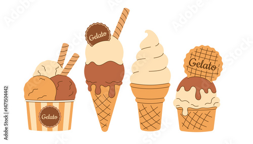 Four hand drawn icon, logo of melted scoop of vanilla, classic creamy soft ice cream in waffle cone. Isolated on white background. Summer Creme Brulee, chocolate gelato. Minimalistic flat vector EPS10