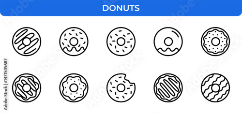 Donuts Vector Icon Set - Sweet, Sprinkles, Glazed, Chocolate, Frosted, Bitten, Pastry, Dessert, Bakery, Food, Snack Icons - Editable Line Weight