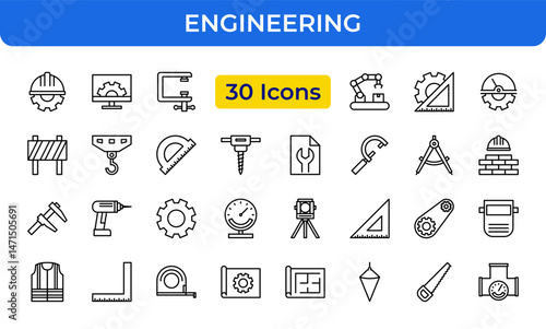 Engineering Construction Building Tools Line Icons Set Industry Science Technology Outline Vector Editable Stroke