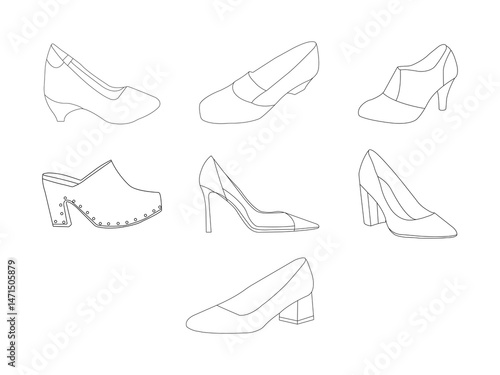 Shoes line icon set. Set of line icons on white background. Cowboy boot, espadrille, high heel shoes. Fashion concept. Vector illustration can be used for topics like clothing, fashion, shoes, front.