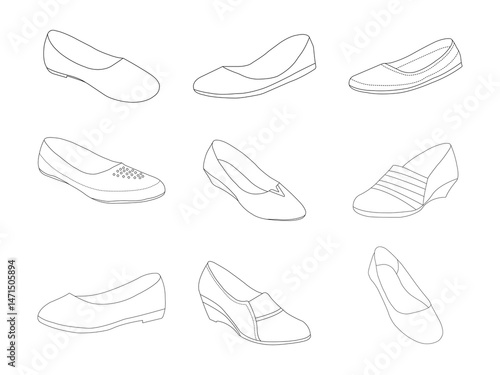 Shoes line icon set. Set of line icons on white background. Cowboy boot, espadrille, high heel shoes. Fashion concept. Vector illustration can be used for topics like clothing, fashion, shoes, front.