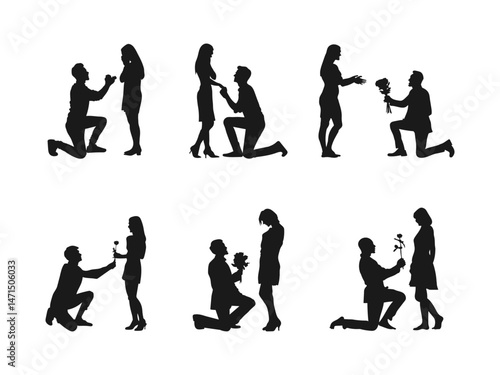 Man proposes to woman to marry him vector silhouette. Young man proposing to his girlfriend, vector. A man on his knees makes a proposal to marry the woman, vector illustration.