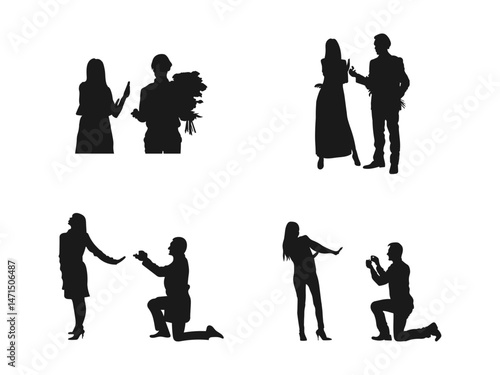 Young woman rejecting a marriage proposal silhouette.  A young handsome man is making a proposal of marriage, but the young woman is refusing him.