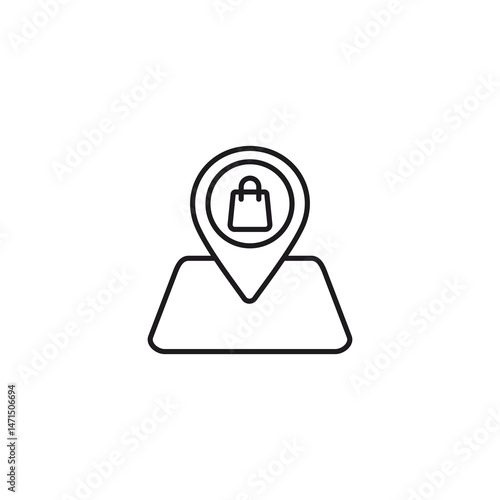 Outline style icon of a shopping destination with map pin and store symbol. Ideal for retail, e-commerce, location-based services, and navigation-related design projects. Clean and modern line art 