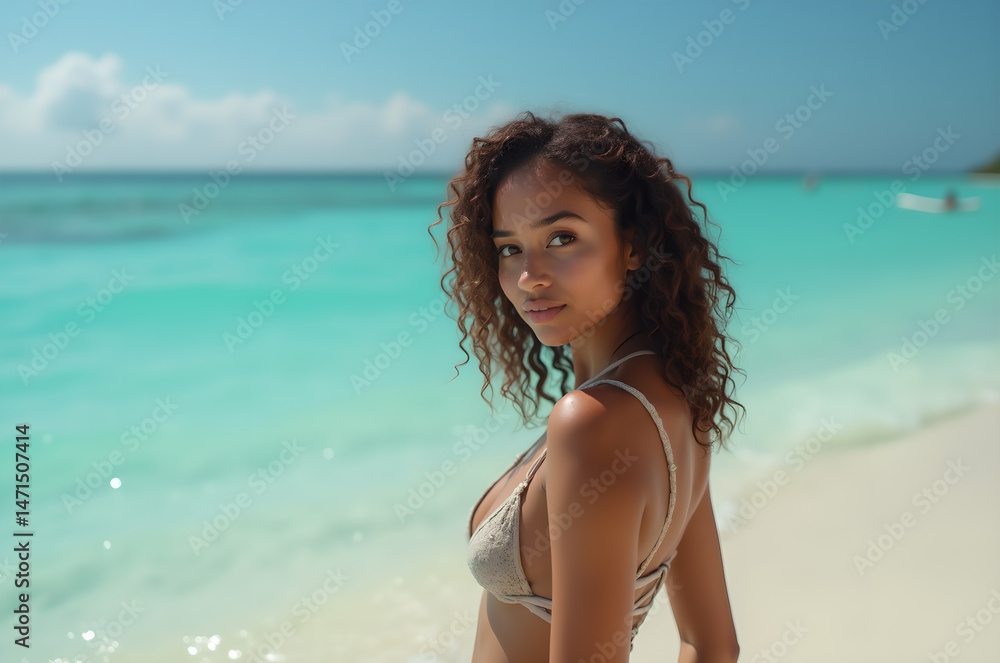Woman in bikini on sunny tropical beach with nice model figure.squeak and sea.banner poster,Positive emotion.generative ai Woman in bikini on sunny tropical beach with nice model figure.squeak and sea.banner poster,Positive emotion.generative ai