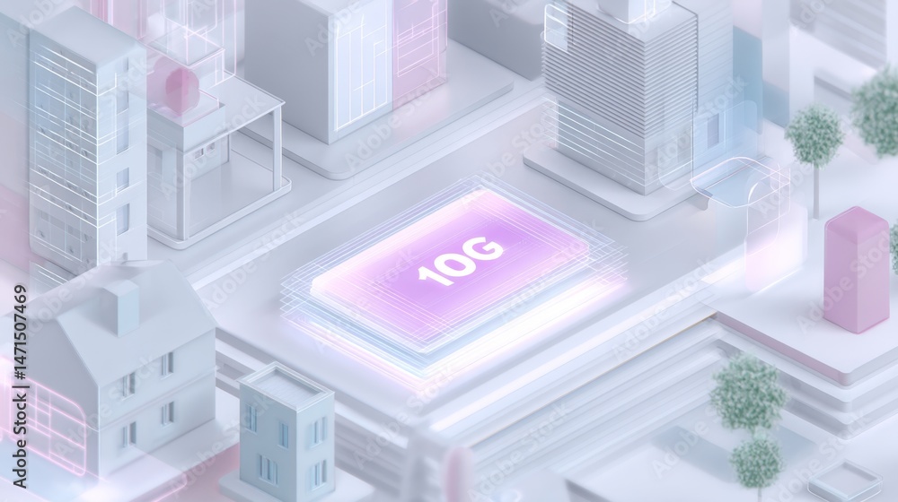 Isometric depiction of a smart home featuring a glowing 10G control screen surrounded by modern buildings Isometric depiction of a smart home featuring a glowing 10G control screen surrounded by modern buildings