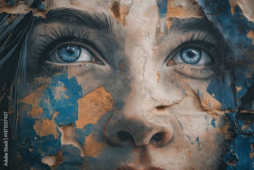 Intricate mural artwork depicting a close-up of vibrant blue eyes on a weathered urban wall, combining realism with abstract elements for striking contrast