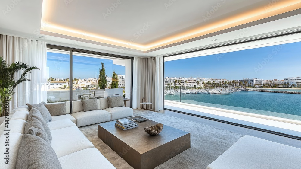 Fototapeta premium Luxurious modern living space with water views.