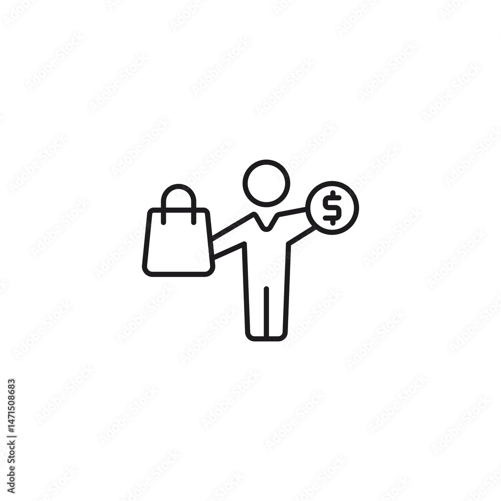 Minimalist line style icon of a buyer or customer, representing purchasing behavior and consumer activity. Suitable for retail, e-commerce, marketing, and business-related design projects. Clean vecto Minimalist line style icon of a buyer or customer, representing purchasing behavior and consumer activity. Suitable for retail, e-commerce, marketing, and business-related design projects. Clean vecto