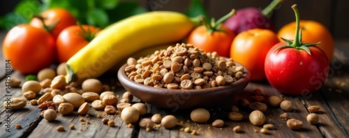 Close-up of a variety of fresh organic nuts and fruits on a rustic wooden table, nuts, close-up