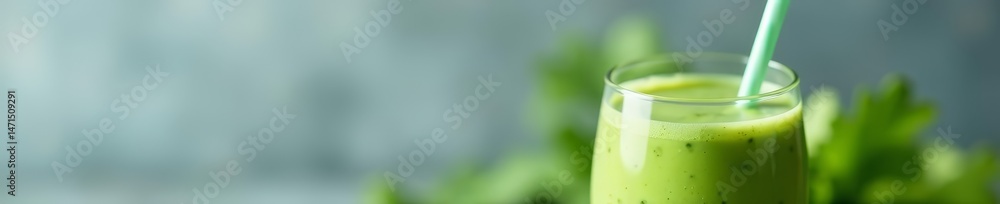 Close-up of celery smoothie jar with straw on gray backdrop, hydration, raw Close-up of celery smoothie jar with straw on gray backdrop, hydration, raw