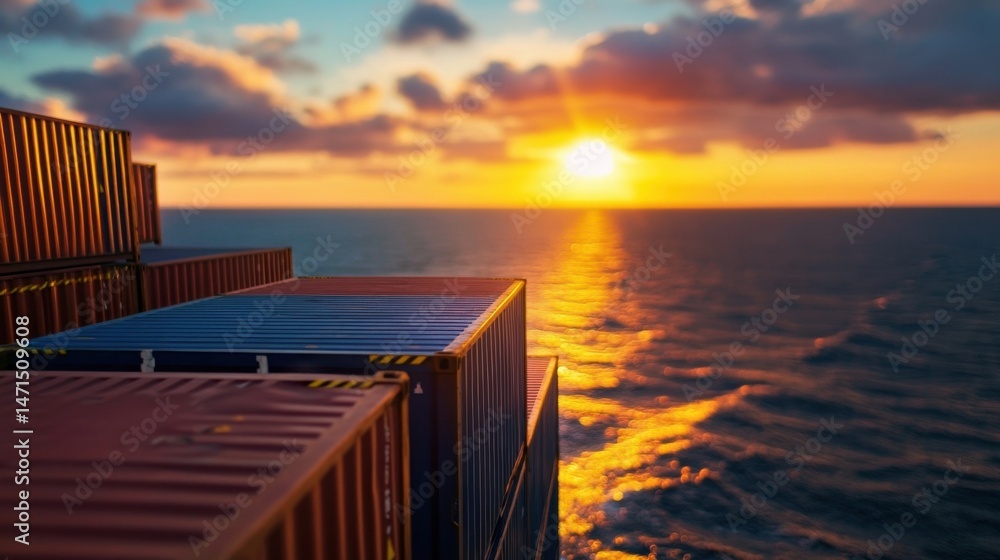 Cargo ship containers at sunset, golden hour light reflecting on the ocean waves, a view from the deck showing stacked shipping containers. : Generative AI Cargo ship containers at sunset, golden hour light reflecting on the ocean waves, a view from the deck showing stacked shipping containers. : Generative AI