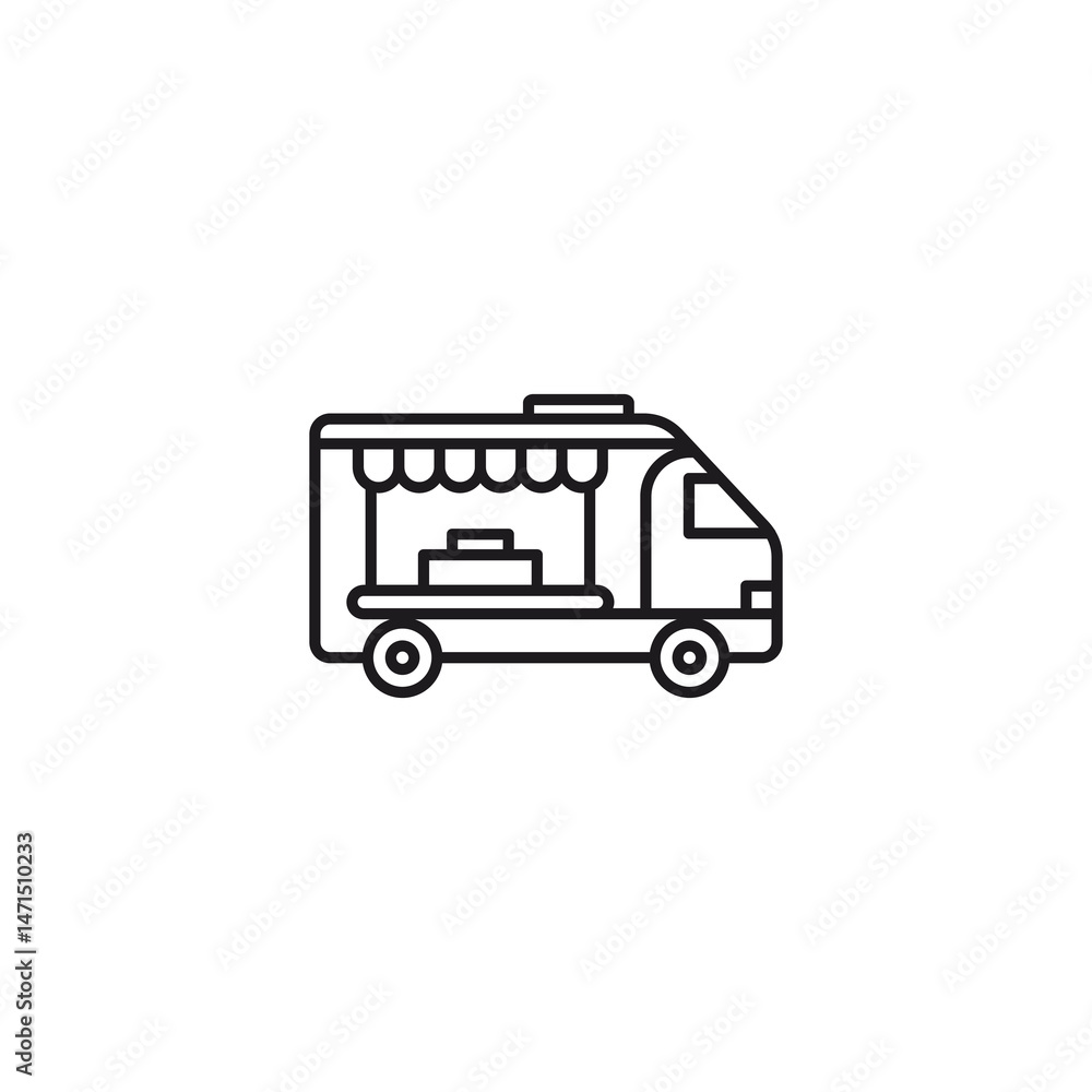 Clean vector line art icon of a food truck on a white background, ideal for representing mobile food businesses or services. This simple design is versatile for use in menus, websites, or mobile apps, Clean vector line art icon of a food truck on a white background, ideal for representing mobile food businesses or services. This simple design is versatile for use in menus, websites, or mobile apps,
