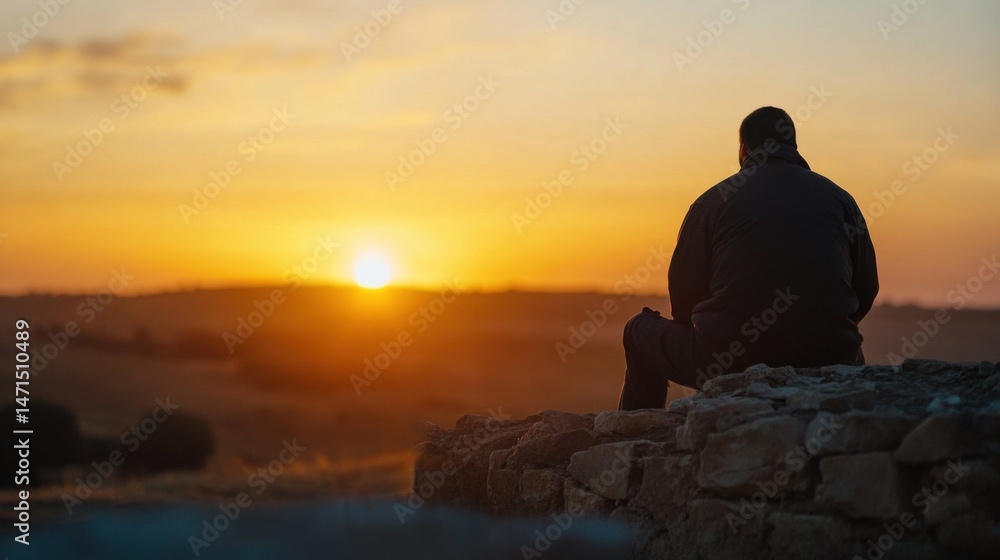 Silhouette of a man sitting on a stone wall, watching a vibrant sunset over a rural landscape. Golden hour light bathes the scene in warm tones. : Generative AI Silhouette of a man sitting on a stone wall, watching a vibrant sunset over a rural landscape. Golden hour light bathes the scene in warm tones. : Generative AI