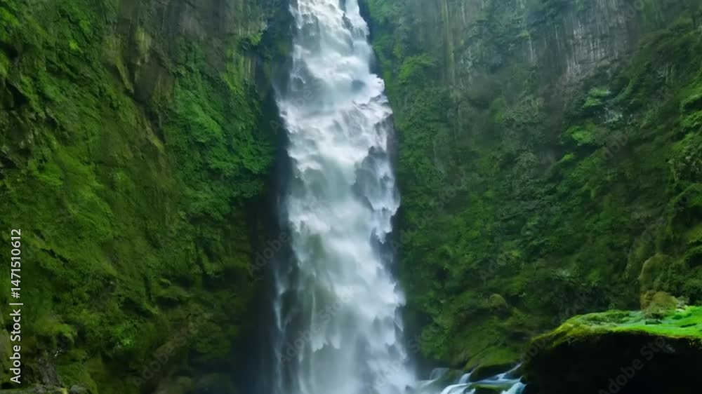 powerful waterfall flowing between green cliffs with mist rising in natural forest landscape powerful waterfall flowing between green cliffs with mist rising in natural forest landscape