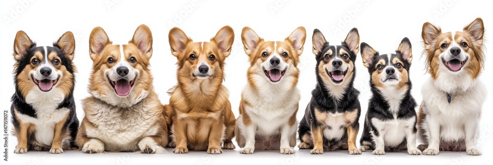 Obraz premium Seven adorable corgis of varying colors and expressions sit in a row against a white background, showcasing their happy and playful personalities. : Generative AI