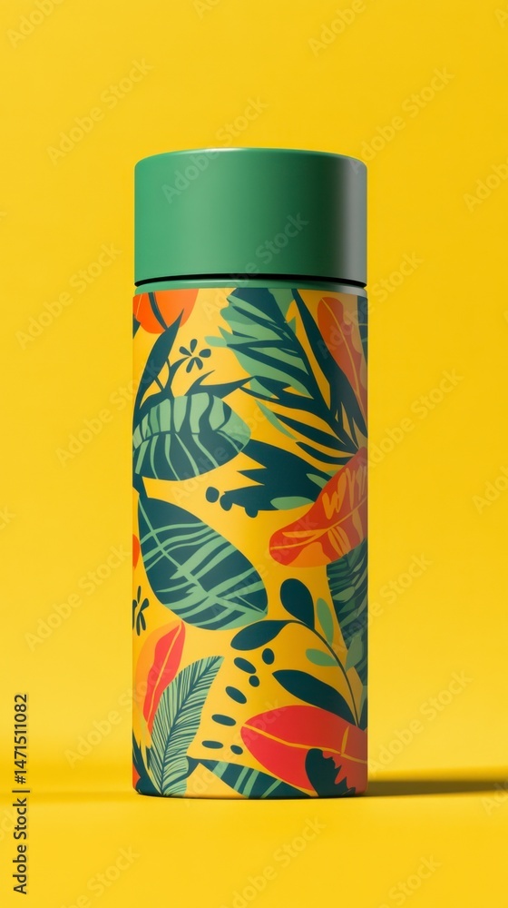 Fototapeta premium Colorful Thermal Bottle with Tropical Leaf Design on Yellow Background