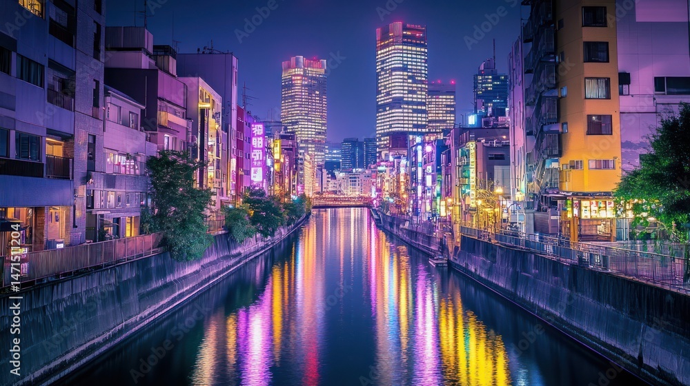 Fototapeta premium Night cityscape reflecting in canal