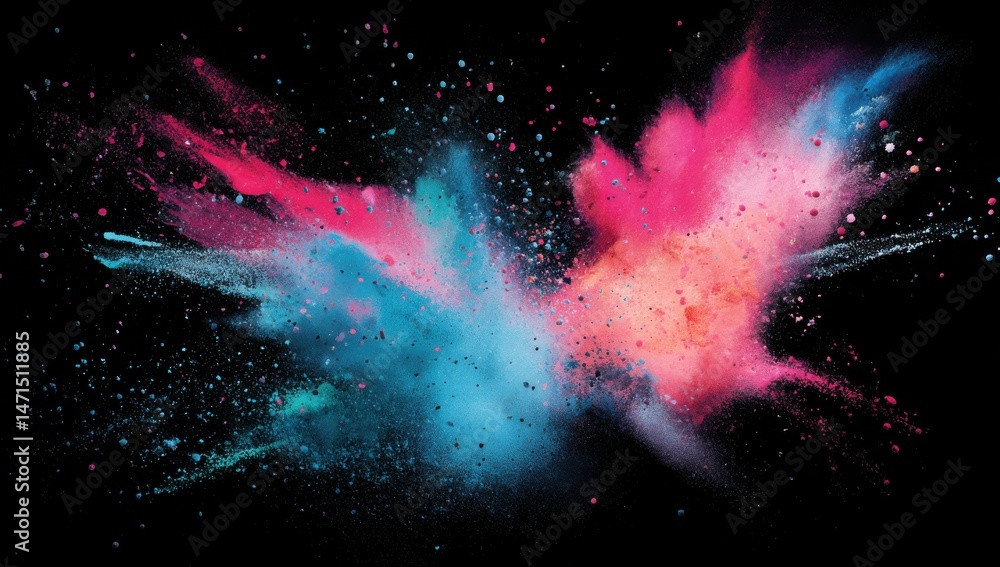 Naklejka premium Vibrant explosion of teal and pink powder against a black background, creating a dynamic and colorful abstract art piece. : Generative AI
