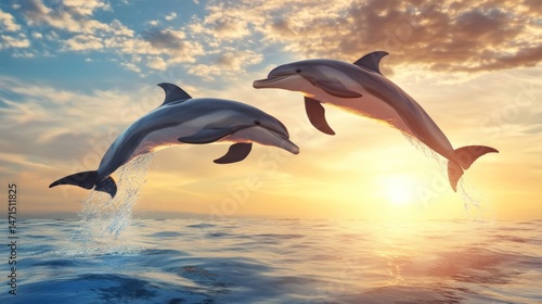 Two dolphins leap in the sunset