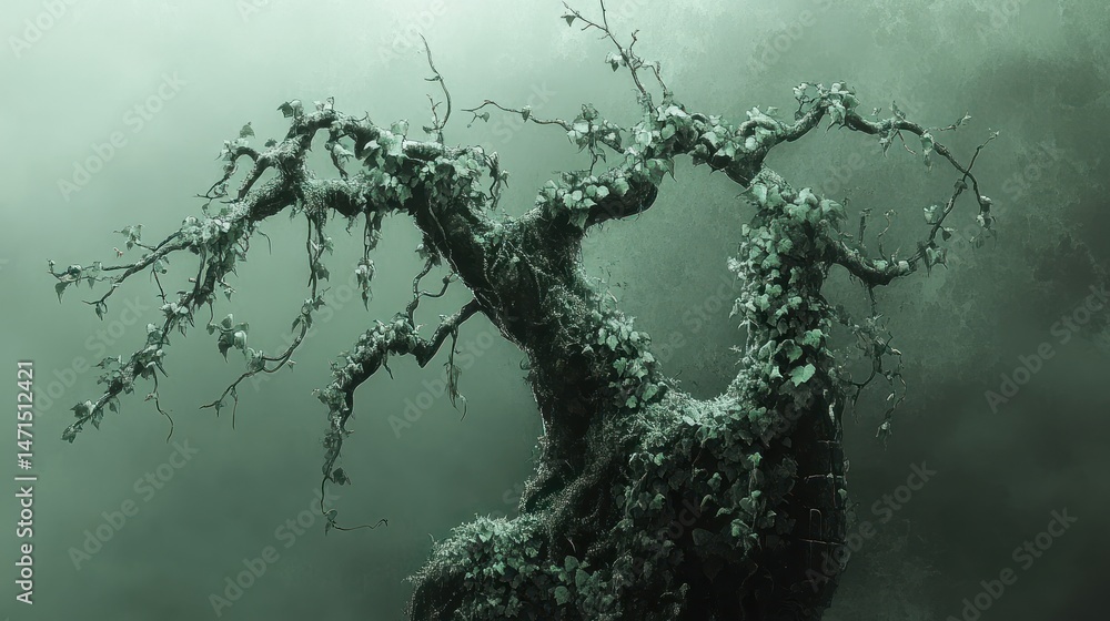 Fototapeta premium Mysterious, aged tree in a misty environment.