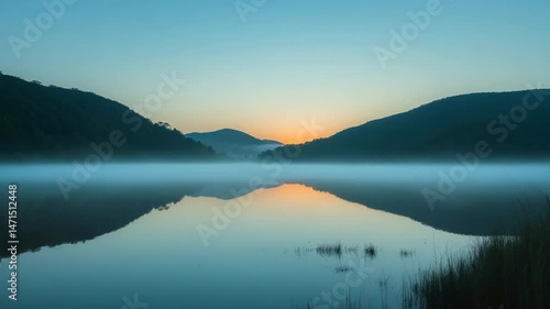 Wallpaper Mural A misty body of water reflects the contours of the hills. The gentle light casts a warm glow over the still water, producing a calm and serene natural scene. Torontodigital.ca