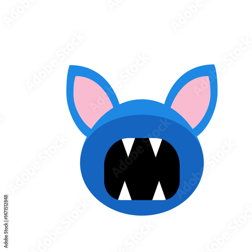 A cartoonish blue monster face with pink ears and a black mouth showing sharp white teeth is centered