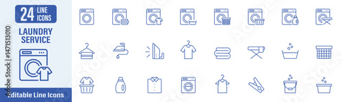Laundry service icon set. Contains icons as laundry, washing, washing machine, washer, detergent, clean and more. Vector illustration.
