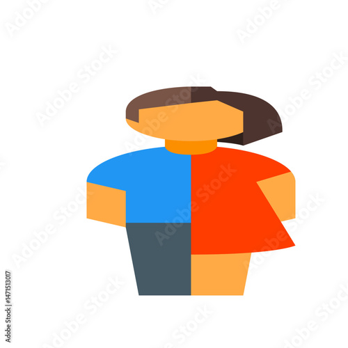 Illustration of a person split down the middle with different colored clothing and skin tones shown
