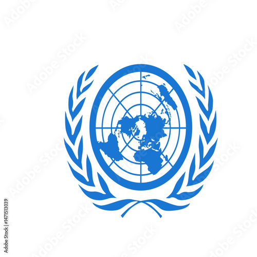 Illustration of the united nations emblem featuring a world map projection surrounded by olive branches