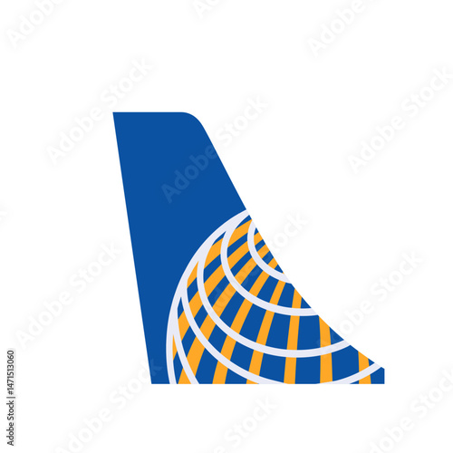 Illustration of a blue and yellow airplane tail with a globe design against a white background space area