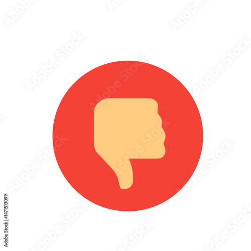 A thumbs down gesture in a light skin tone against a red circular background indicating disapproval or dislike
