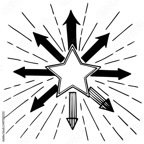 Single star emitting several outward arrows icon vector. Star with radiating success arrows logo