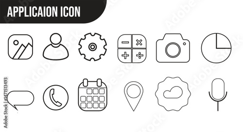 Minimalist Black Line App Icons Set for UI and UX Design application icon Camra , calculator , setting , profile , clock , photo , mic , weather , location ,  calendar , phone , massage ,  icon . 