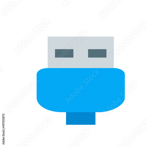 Illustration of a blue usb connector with a gray plug and two dark gray rectangles on the plug end of the connector