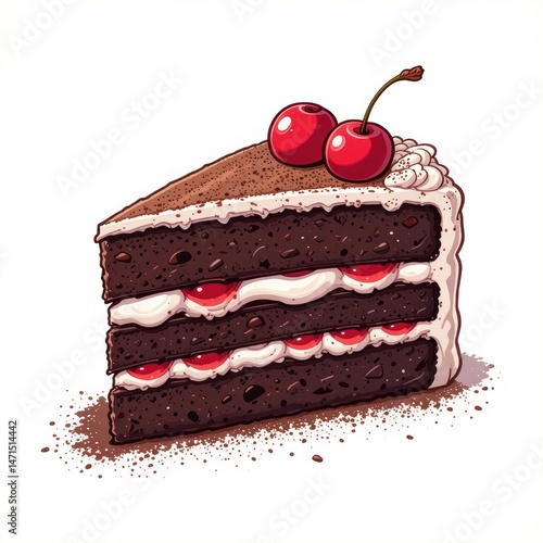 Slice of Delicious Black Forest Cake with Chocolate Sponge and Whipped Cream Topped with Cherries