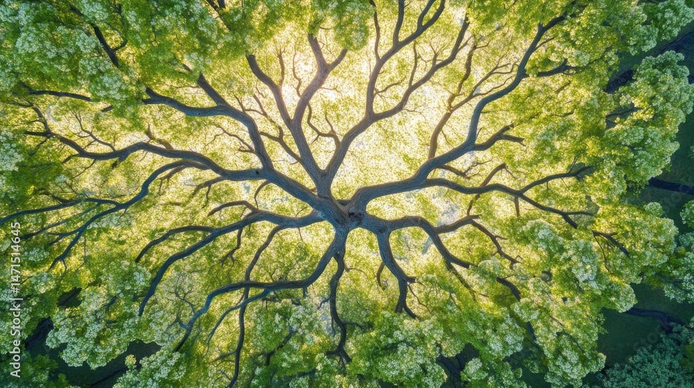 Fototapeta premium A majestic tree's canopy viewed from below, showcasing its intricate branches and vibrant green leaves illuminated by sunlight filtering through the foliage. : Generative AI