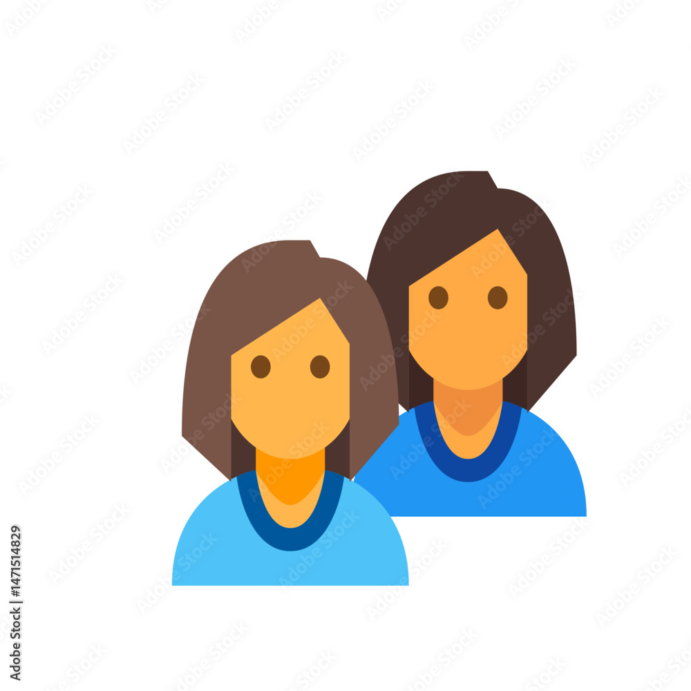 Illustration of two faceless women with brown hair and blue shirts standing side by side in a simple style Illustration of two faceless women with brown hair and blue shirts standing side by side in a simple style