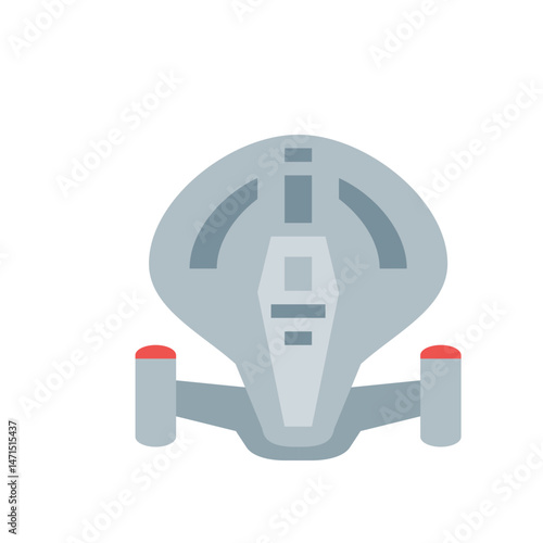 Overhead view of a starship with a gray body, gray wings, and red accents isolated on a white background
