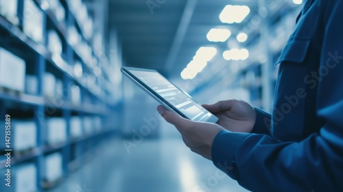 Logistics worker, tablet, inventory check, warehouse, high-tech interface, digital screen, precision, technology, modern warehouse, inventory management, logistics, efficiency, professional.