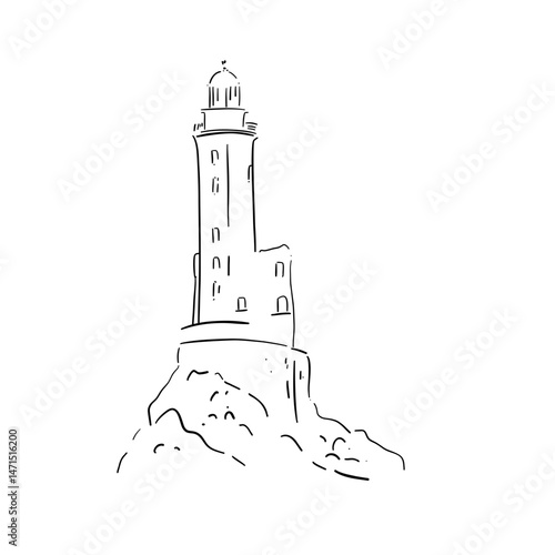 Simple lighthouse sketch on rocky shore vector