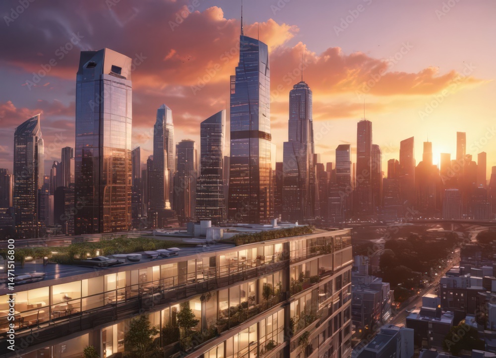 Fototapeta premium Sleek condo, breathtaking sunset over city skyline, luxury, apartment
